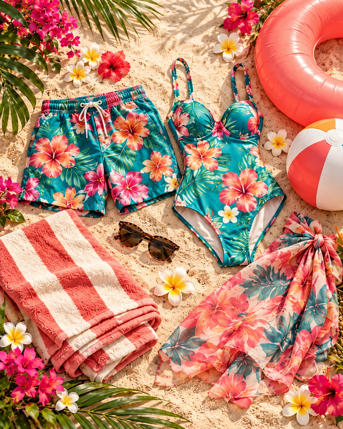 Tropische herenzwembroek, damesbadpak, omslagdoek, badhanddoek, zonnebril, koraalkleurige zwemband en strandbal op het zand.